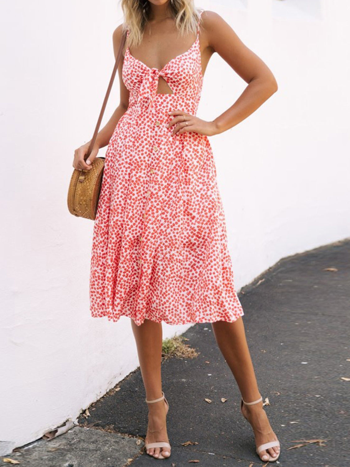 CUTOUT SMOCKED SWEETHEART NECK CAMI DRESS