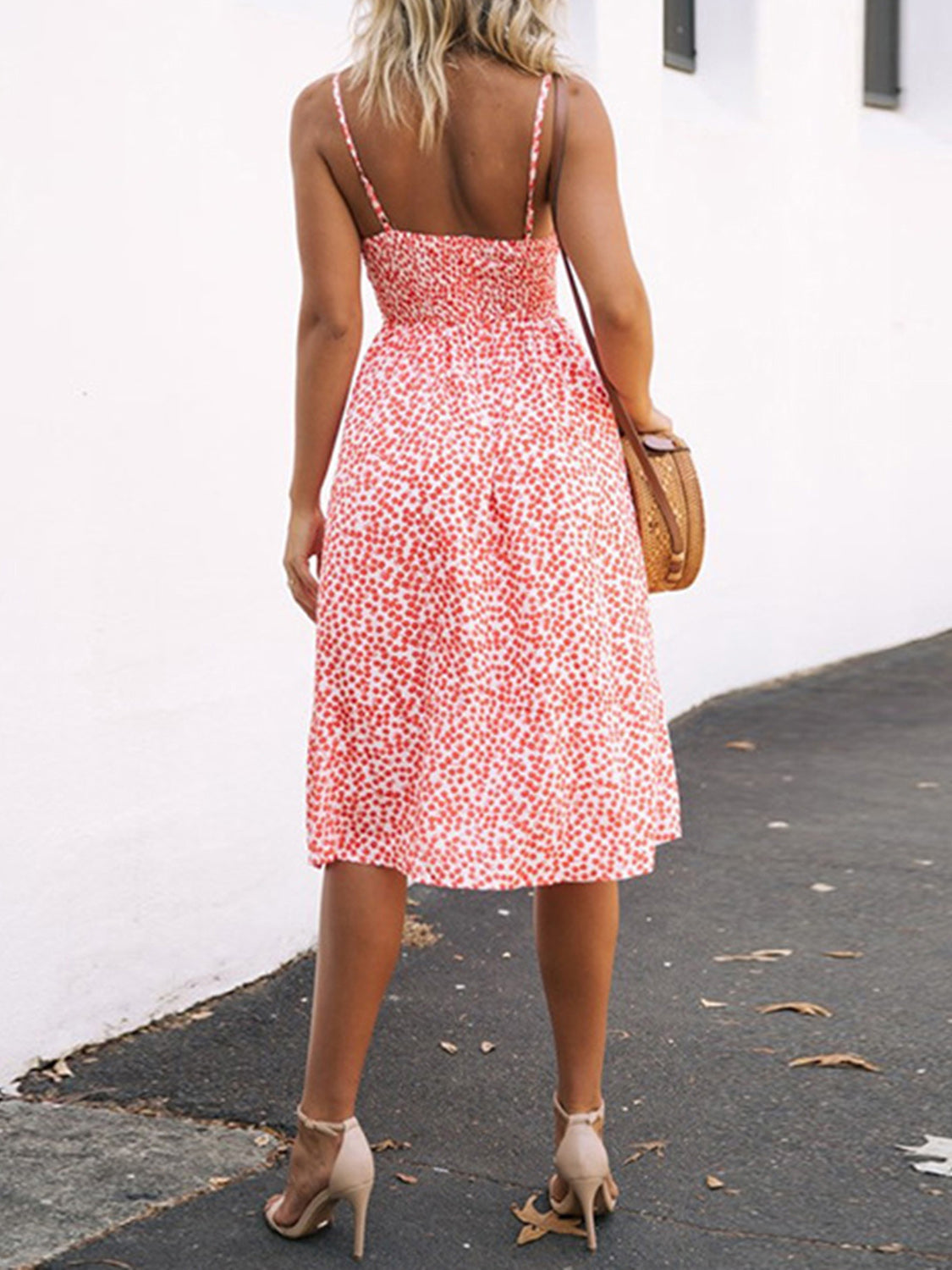 CUTOUT SMOCKED SWEETHEART NECK CAMI DRESS