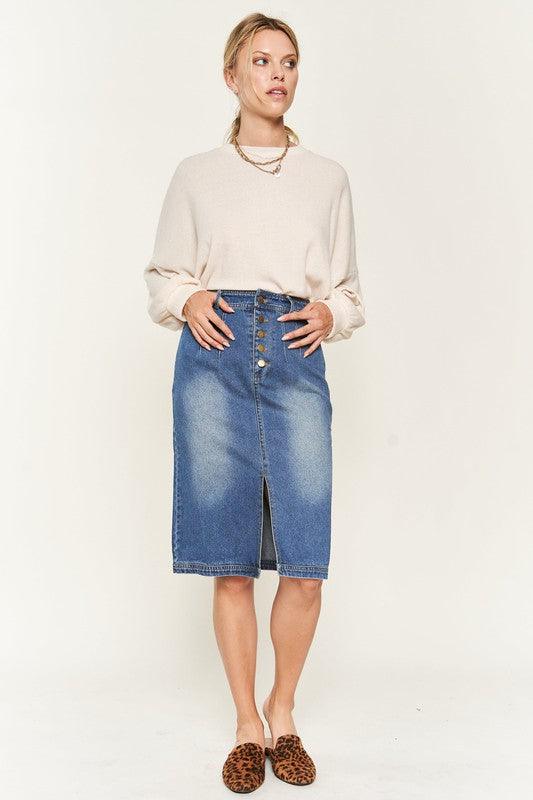 BUTTON DOWN DENIM MIDI SKIRT