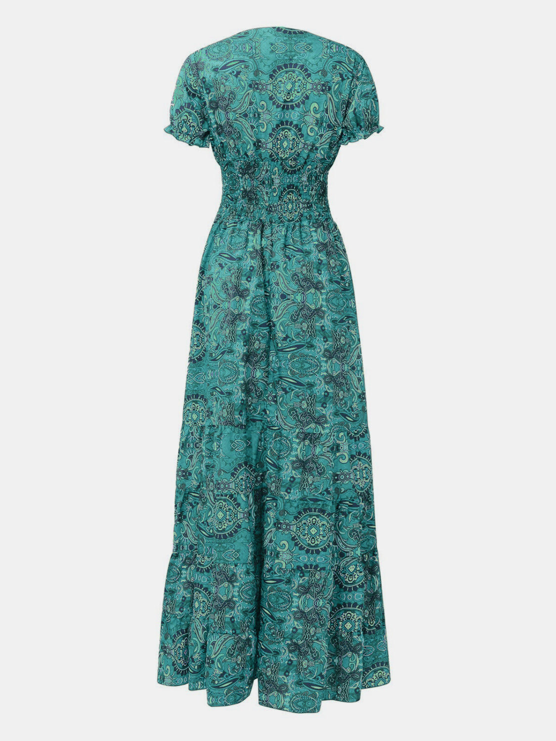 SMOCKED PRINTED V-NECK SHORT SLEEVE DRESS