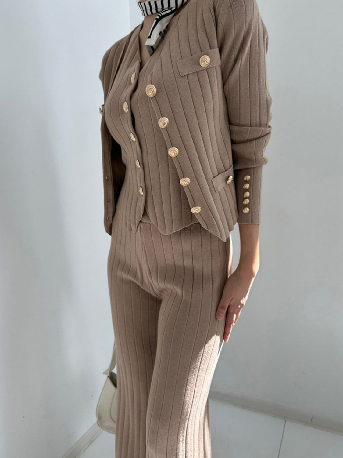 THREE PIECE VEST CARDIGAN AND PANTS SET