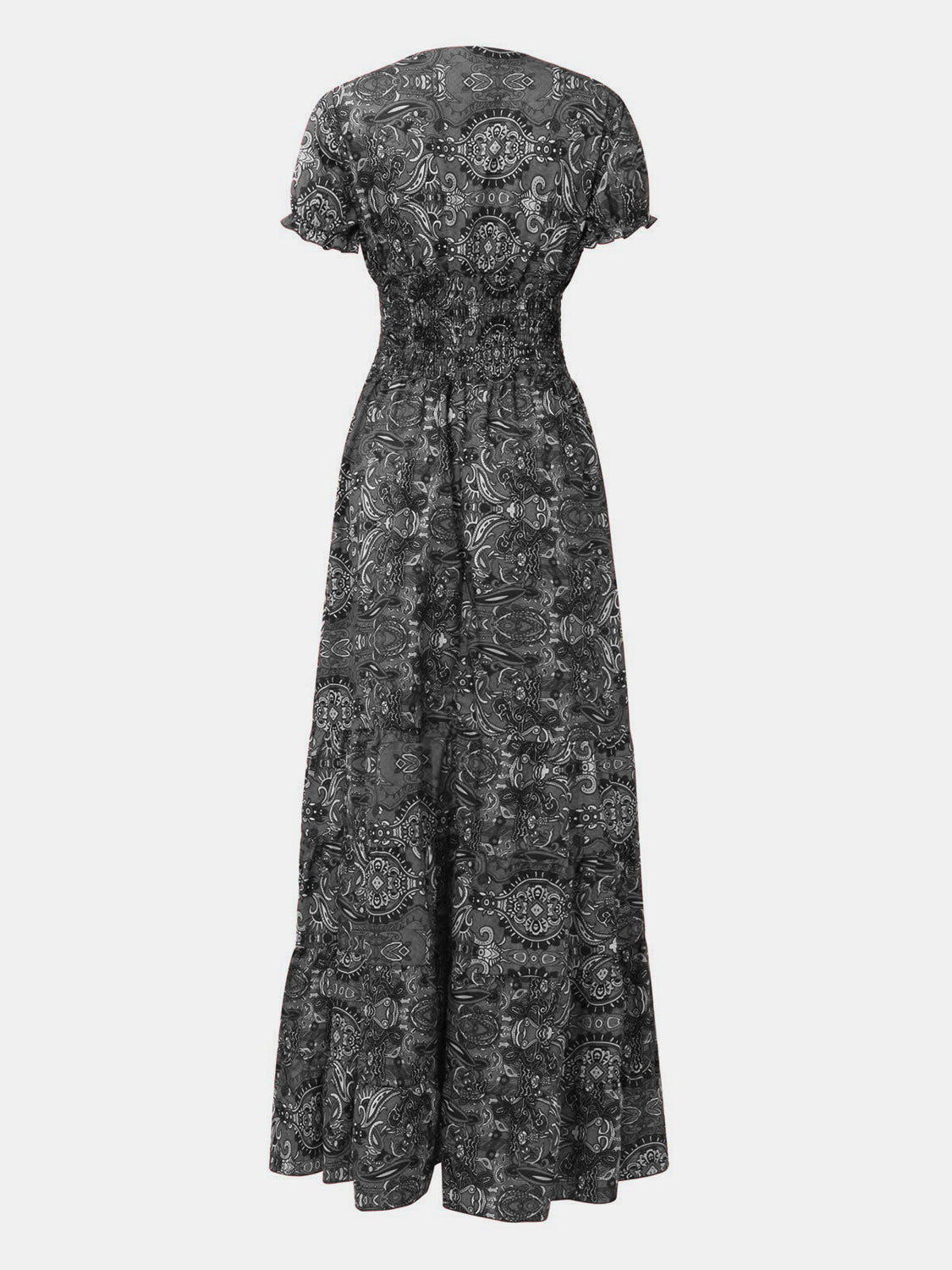 SMOCKED PRINTED V-NECK SHORT SLEEVE DRESS
