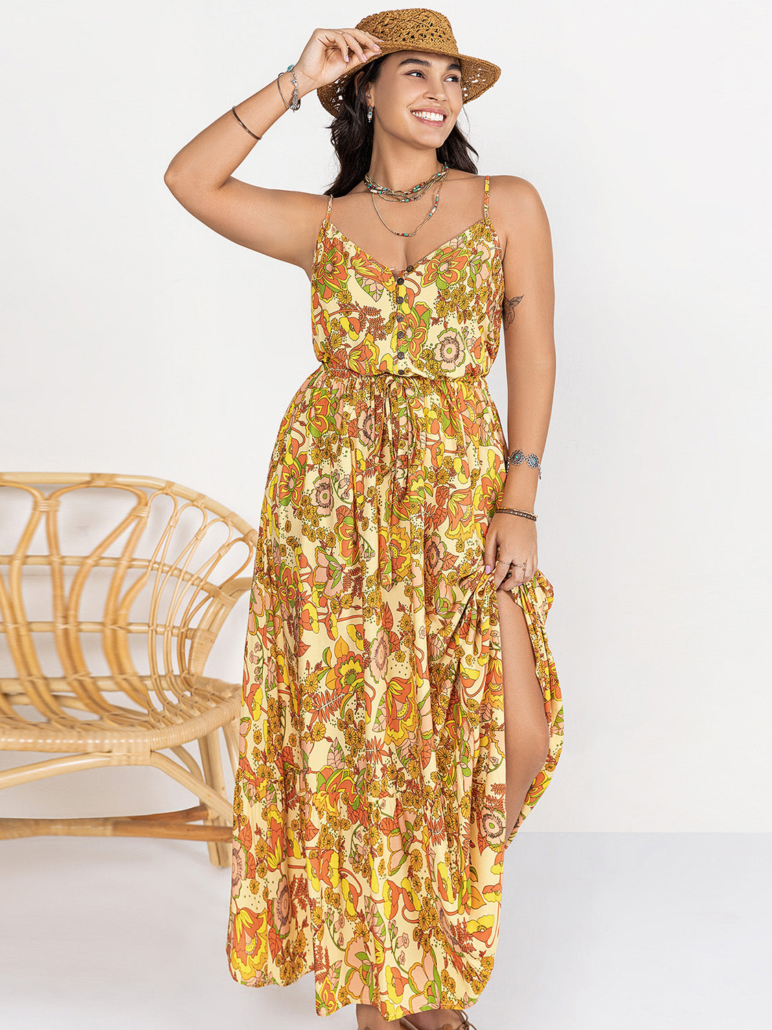 PLUS SIZE PRINTED V-NECK MAXI CAMI DRESS