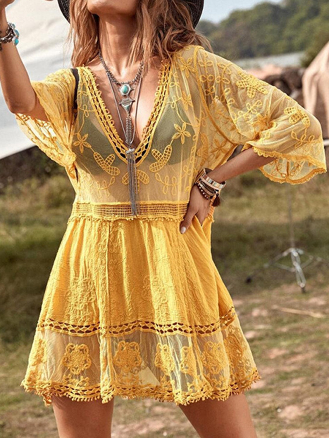LACE DETAIL PLUNGE COVER-UP