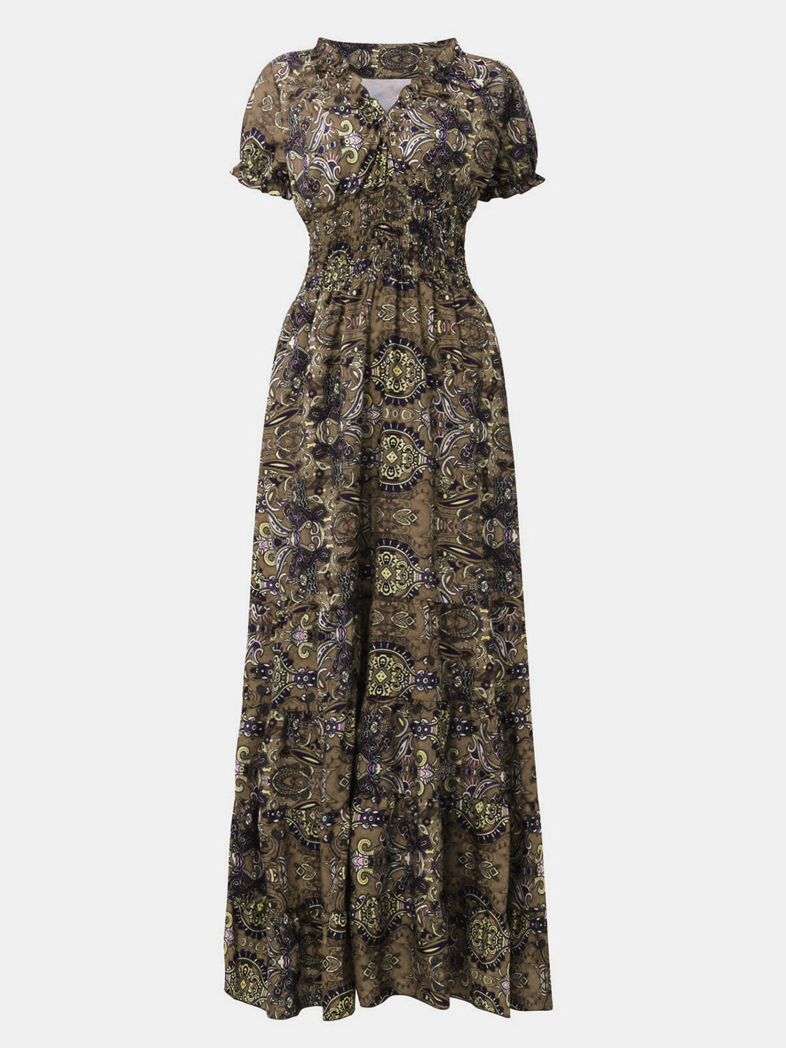 SMOCKED PRINTED V-NECK SHORT SLEEVE DRESS