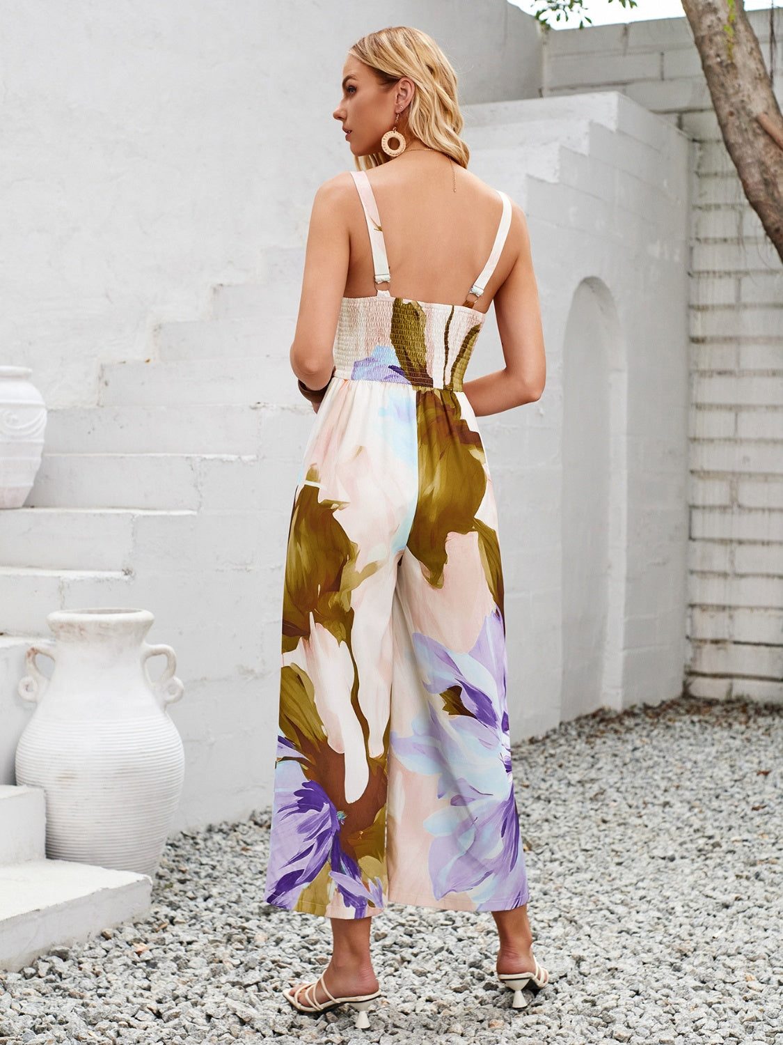 CUTOUT PRINTED WIDE STRAP JUMPSUIT