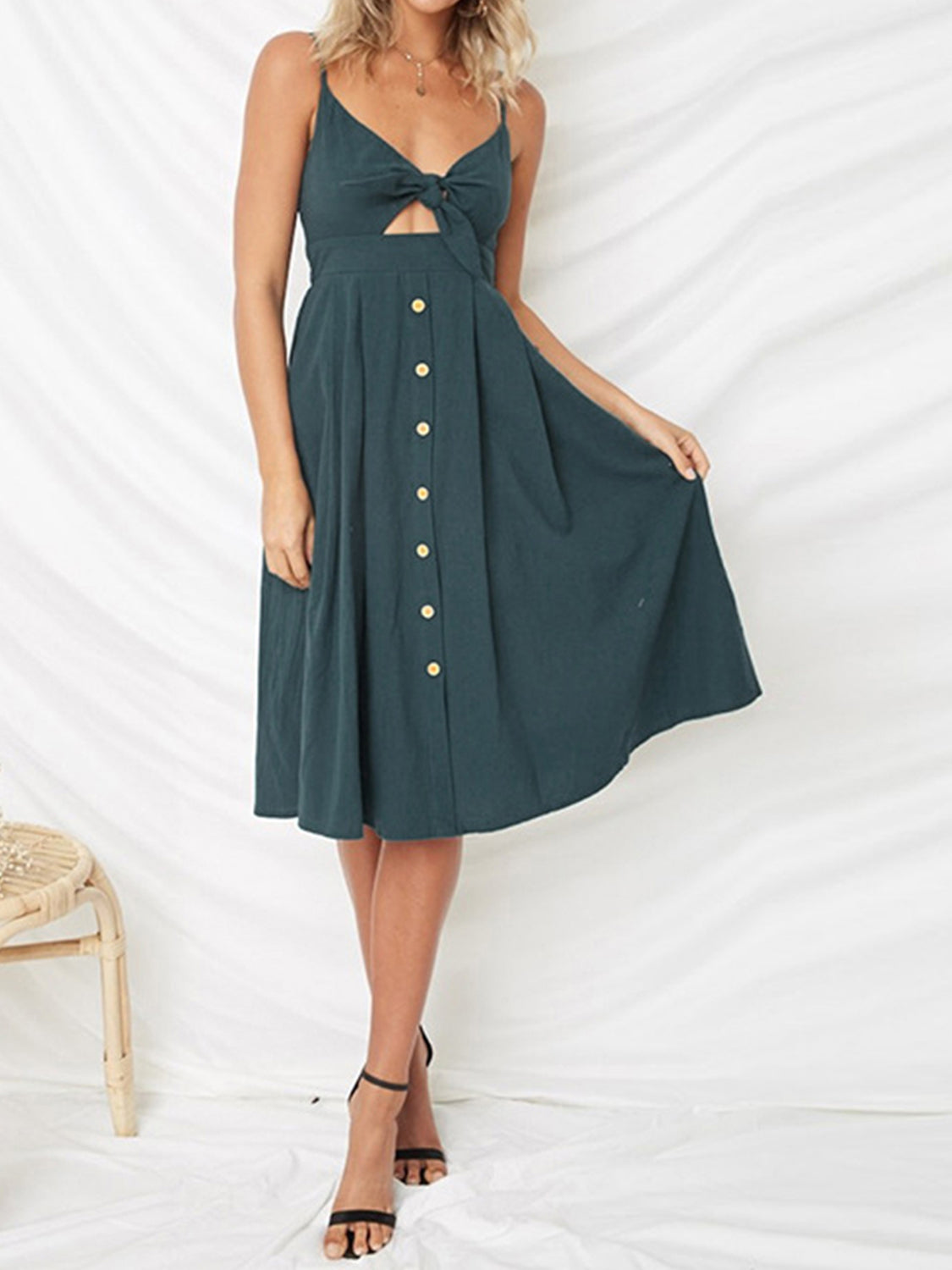 CUTOUT SMOCKED SWEETHEART NECK CAMI DRESS