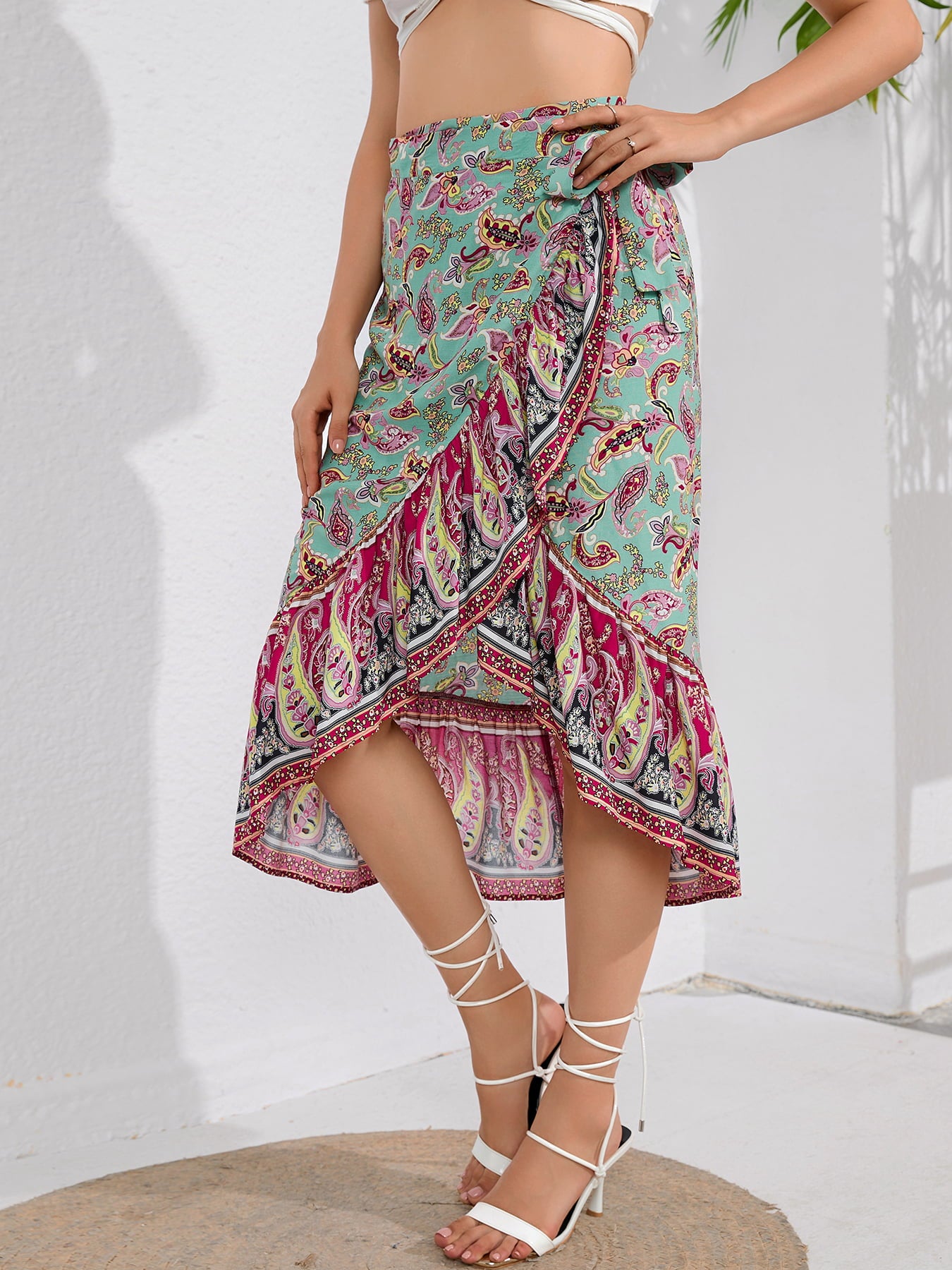 TIE WAISTBAND FLOUNCE HEM MIDI SKIRT