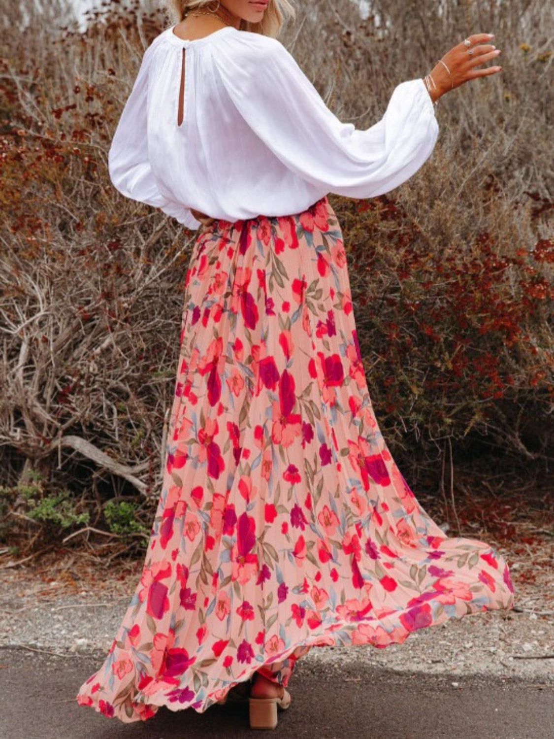 PRINTED ELASTIC WAISTBAND PLEATED MAXI SKIRT