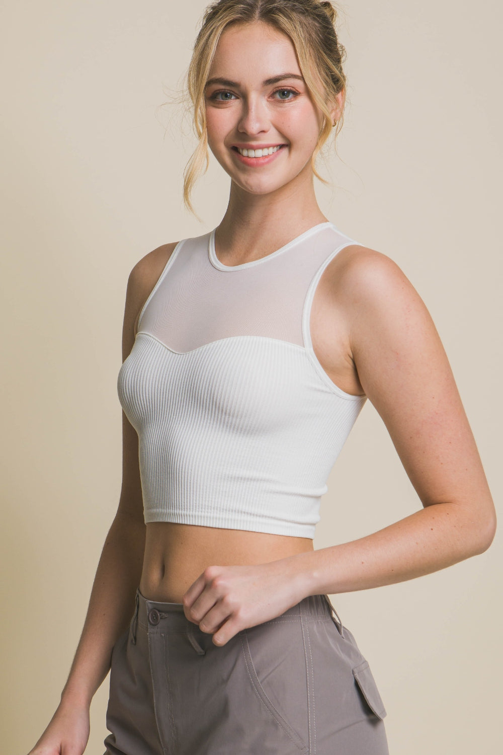 LOVE TREE ROUND NECK RIBBED CROPPED MESH TANK