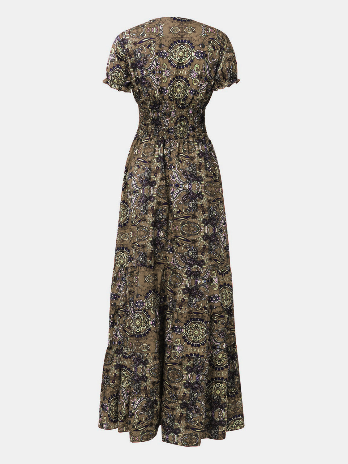 SMOCKED PRINTED V-NECK SHORT SLEEVE DRESS