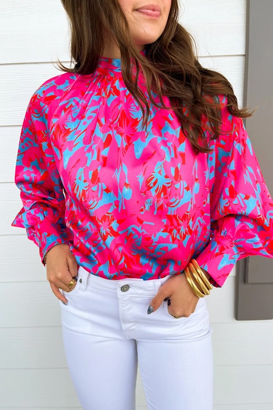 PRINTED BUBBLE SLEEVE MOCK NECK BLOUSE