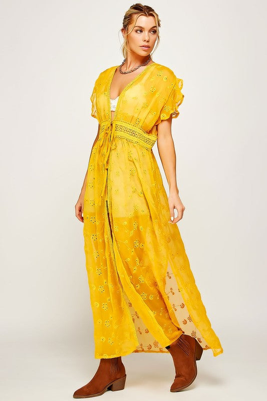 CHIFFON EMBROIDERY LACE KIMONO DUSTER COVER-UP