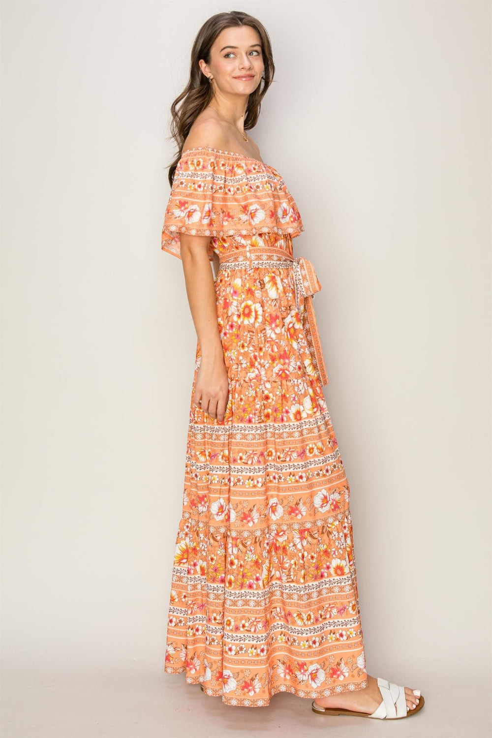 HYFVE FLORAL OFF THE SHOULDER TIE FRONT MAXI DRESS