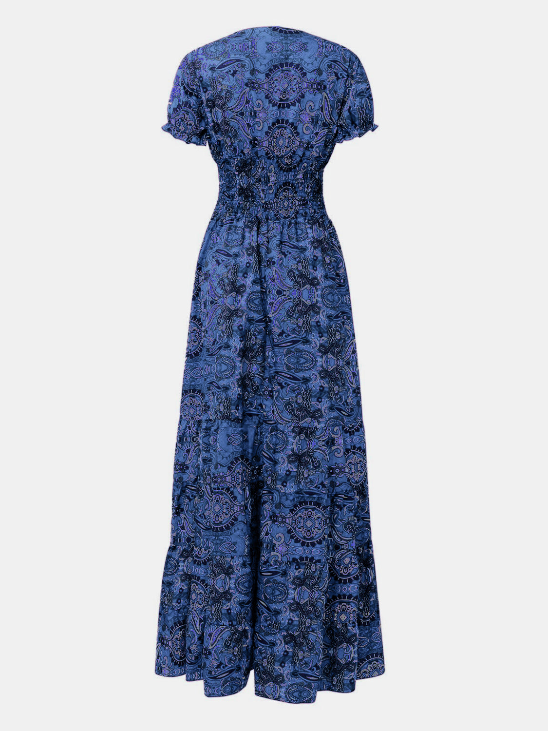 SMOCKED PRINTED V-NECK SHORT SLEEVE DRESS