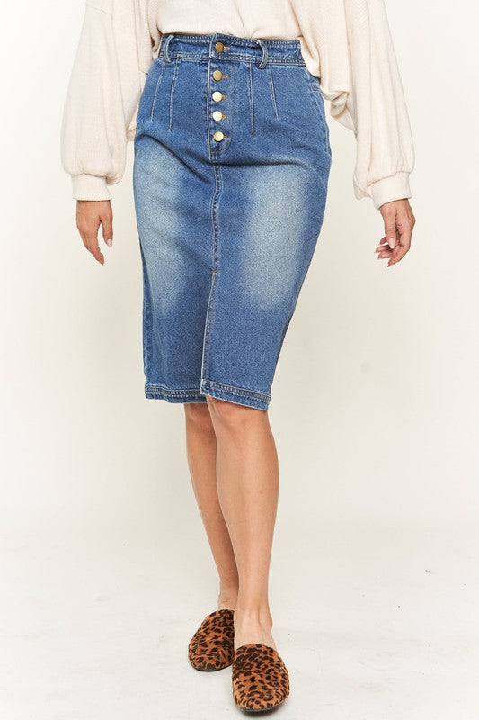 BUTTON DOWN DENIM MIDI SKIRT
