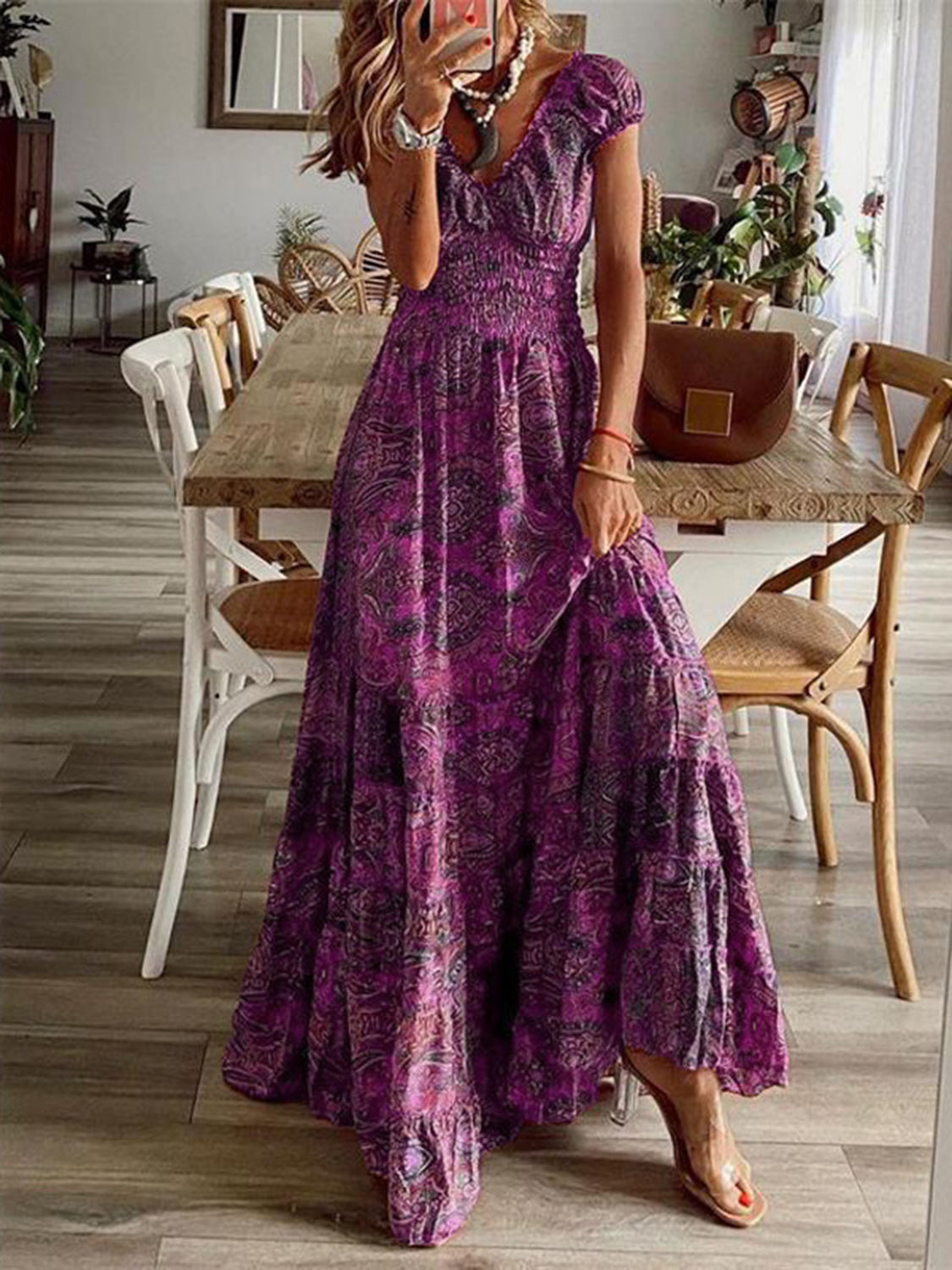 SMOCKED PRINTED V-NECK SHORT SLEEVE DRESS