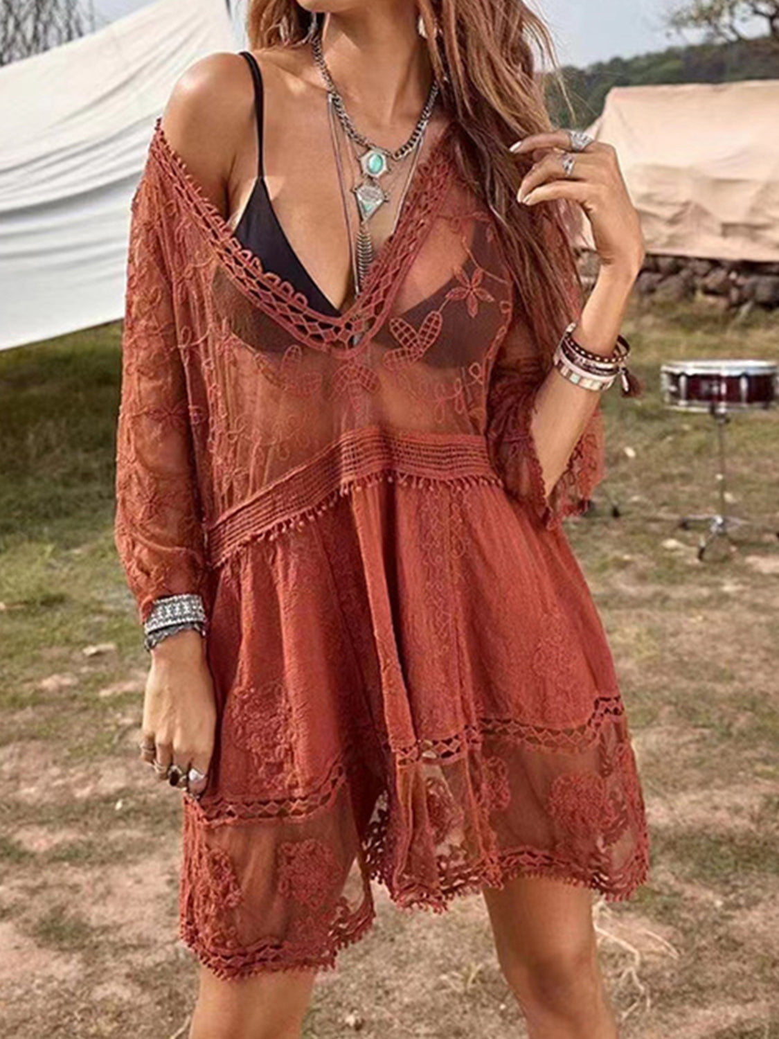 LACE DETAIL PLUNGE COVER-UP