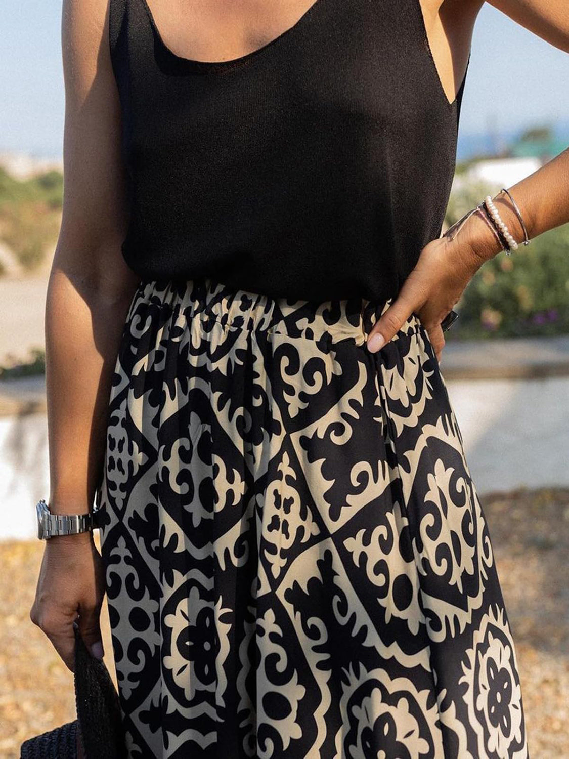 GEOMETRIC ELASTIC WAISTBAND MAXI SKIRT