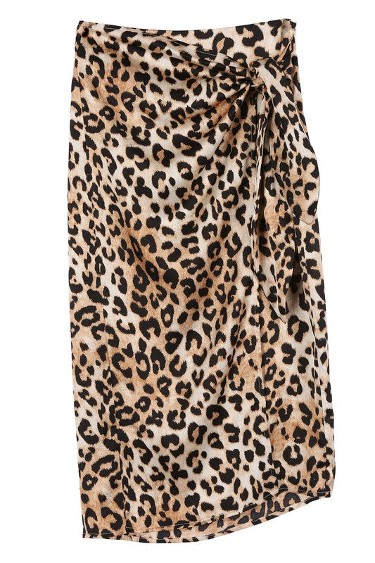 SATIN LEOPARD TIE MIDI SKIRT