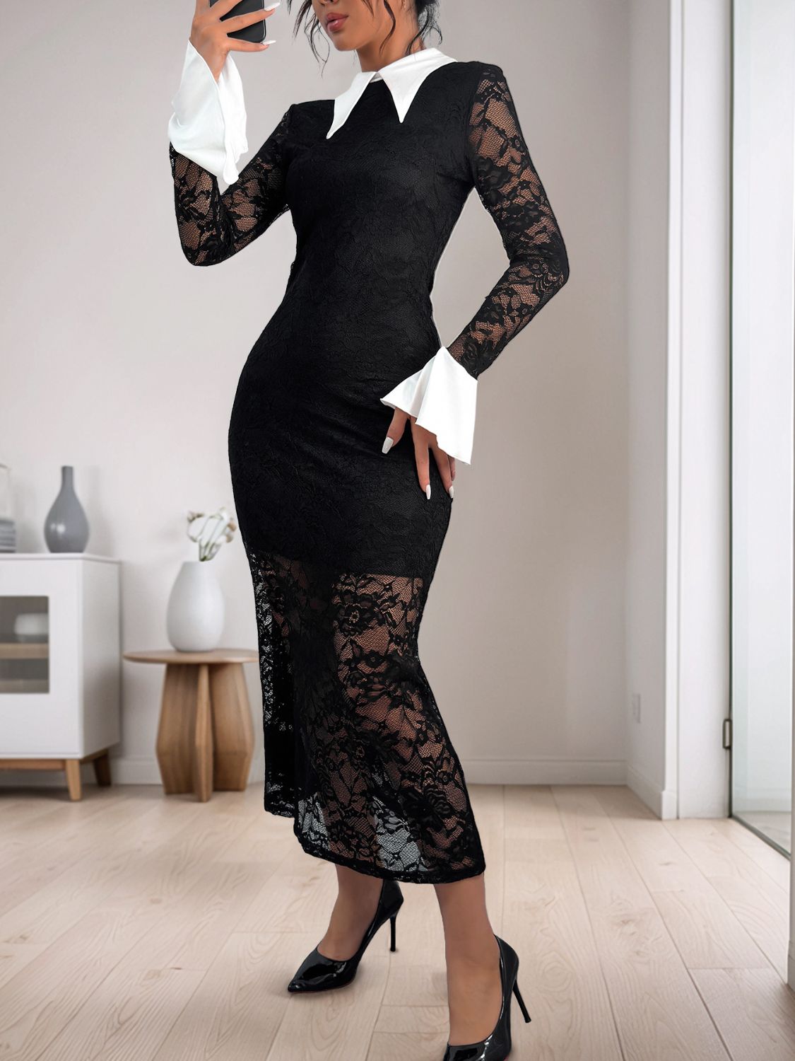 PERFEE LACE CONTRAST COLLARED NECK LONG SLEEVE MAXI DRESS