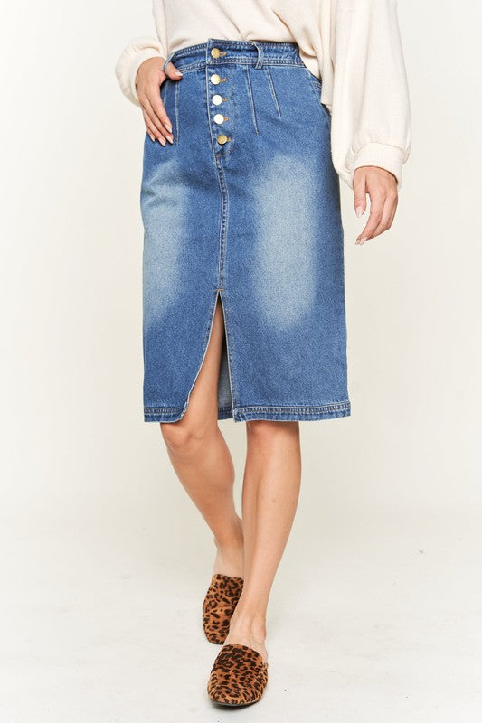 BUTTON DOWN DENIM MIDI SKIRT