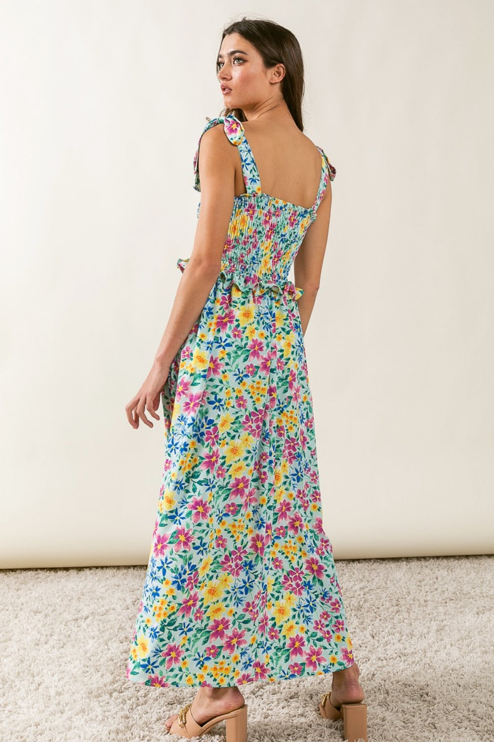 BIBI FLORAL RUFFLE TRIM SMOCKED CAMI DRESS