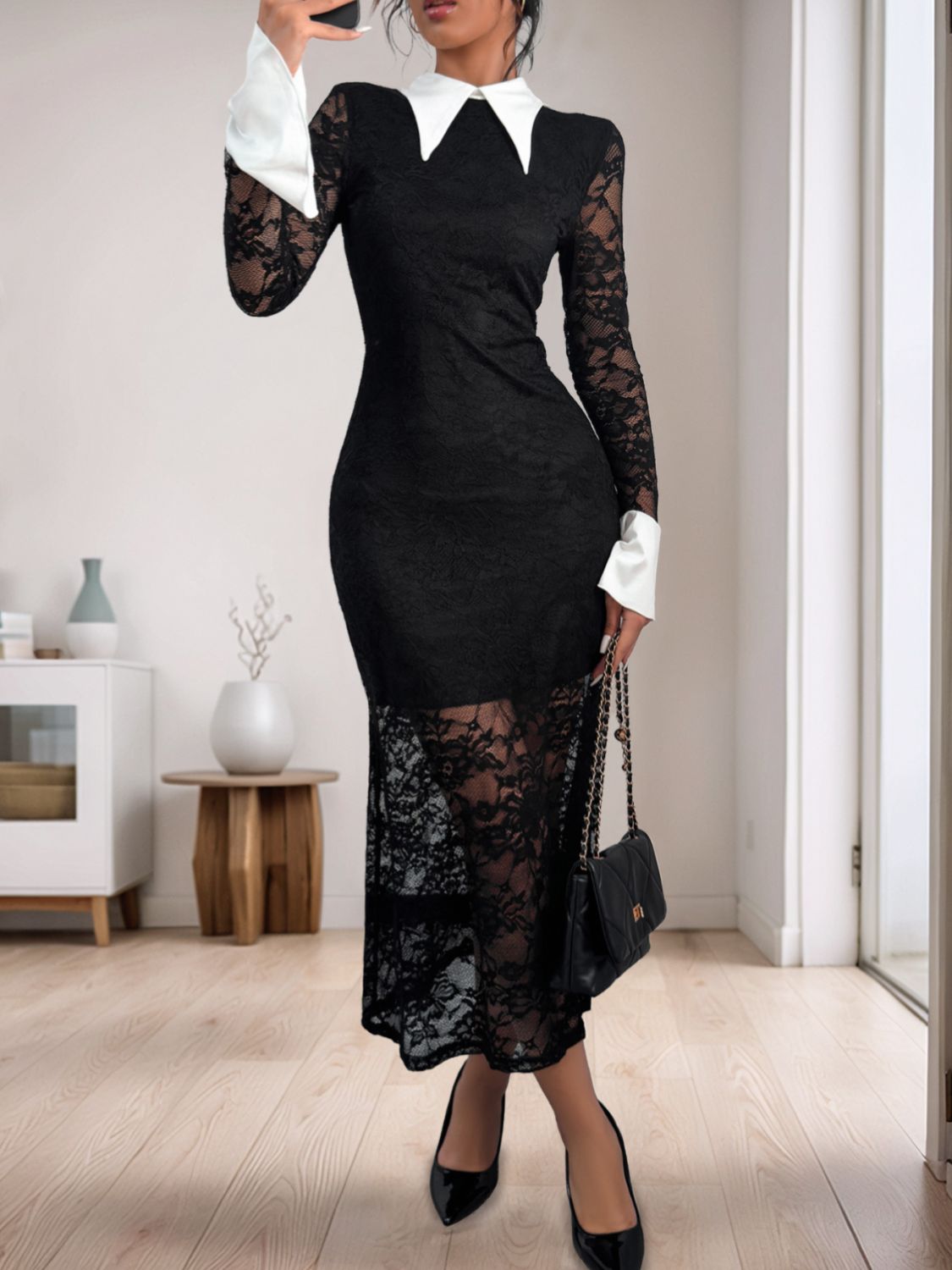 PERFEE LACE CONTRAST COLLARED NECK LONG SLEEVE MAXI DRESS
