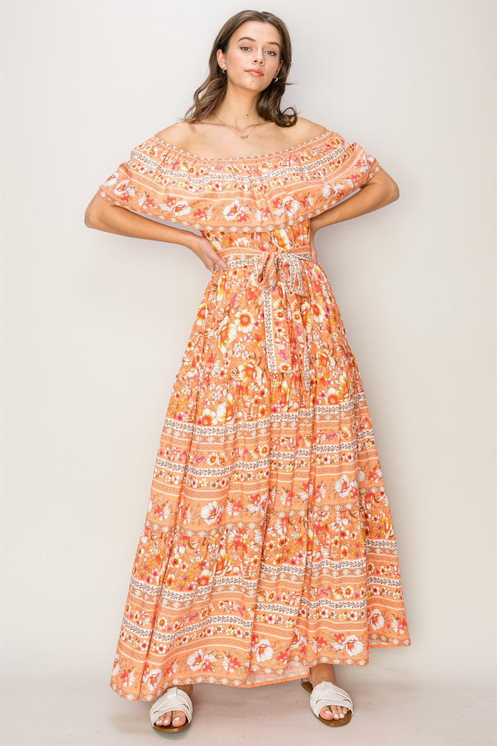 HYFVE FLORAL OFF THE SHOULDER TIE FRONT MAXI DRESS