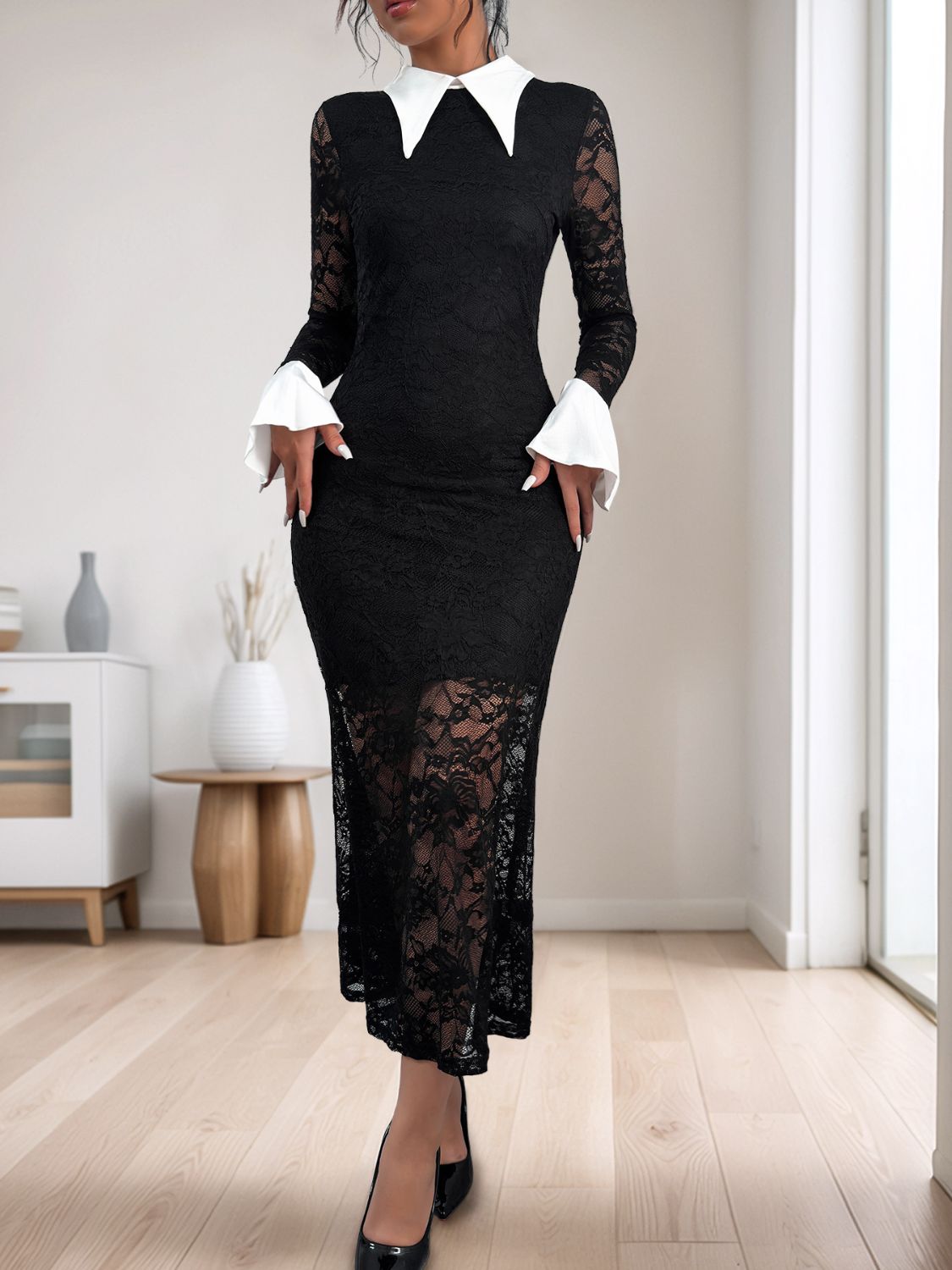 PERFEE LACE CONTRAST COLLARED NECK LONG SLEEVE MAXI DRESS