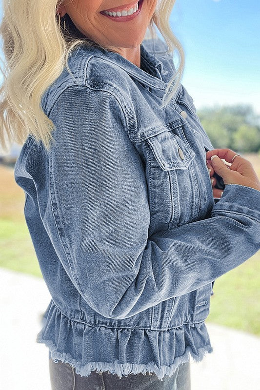 RUFFLE RAW HEM FLAT POCKETS DENIM JACKET
