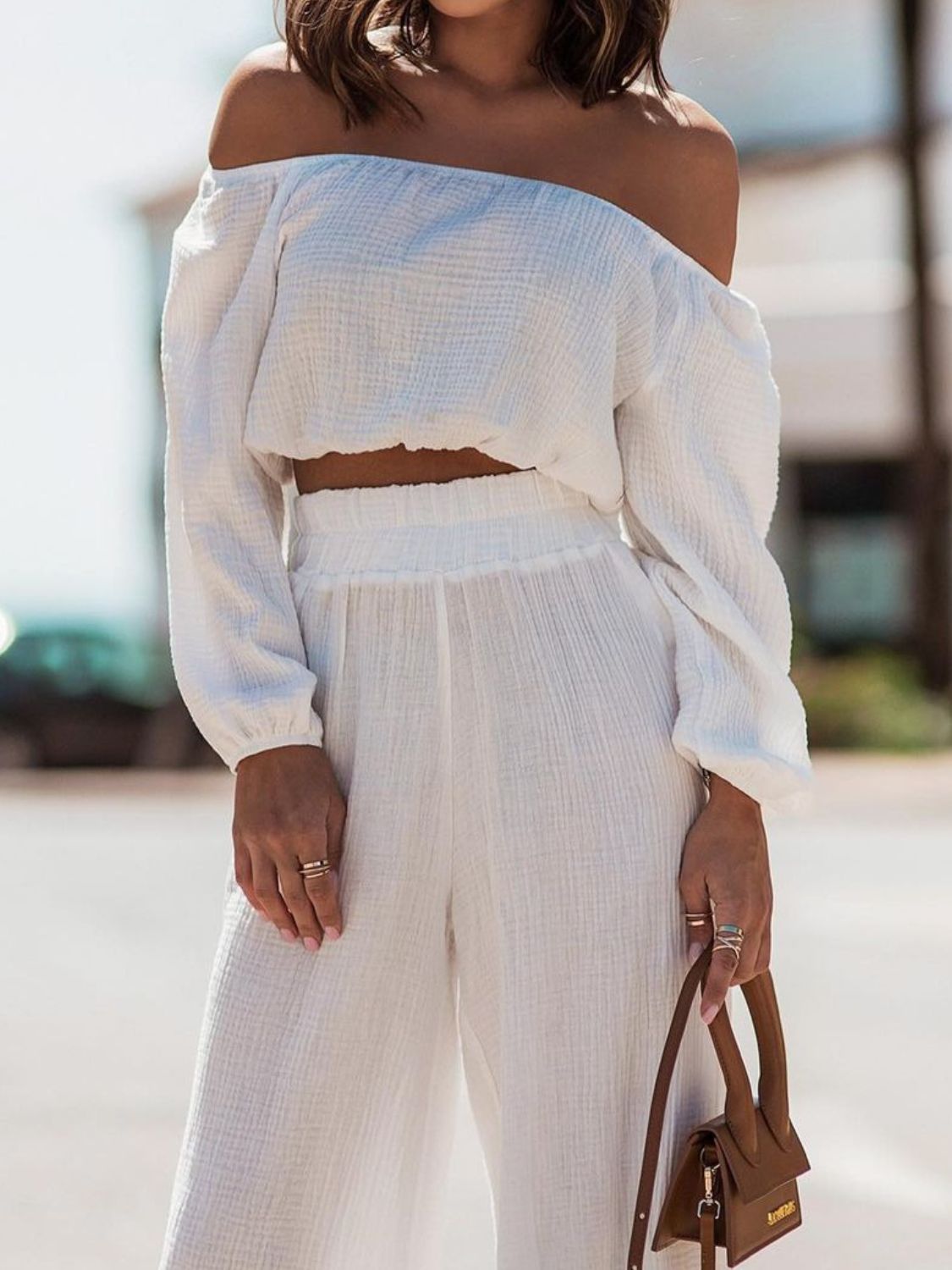 OFF THE SHOULDER LONG SLEEVE TOP AND PANTS SET