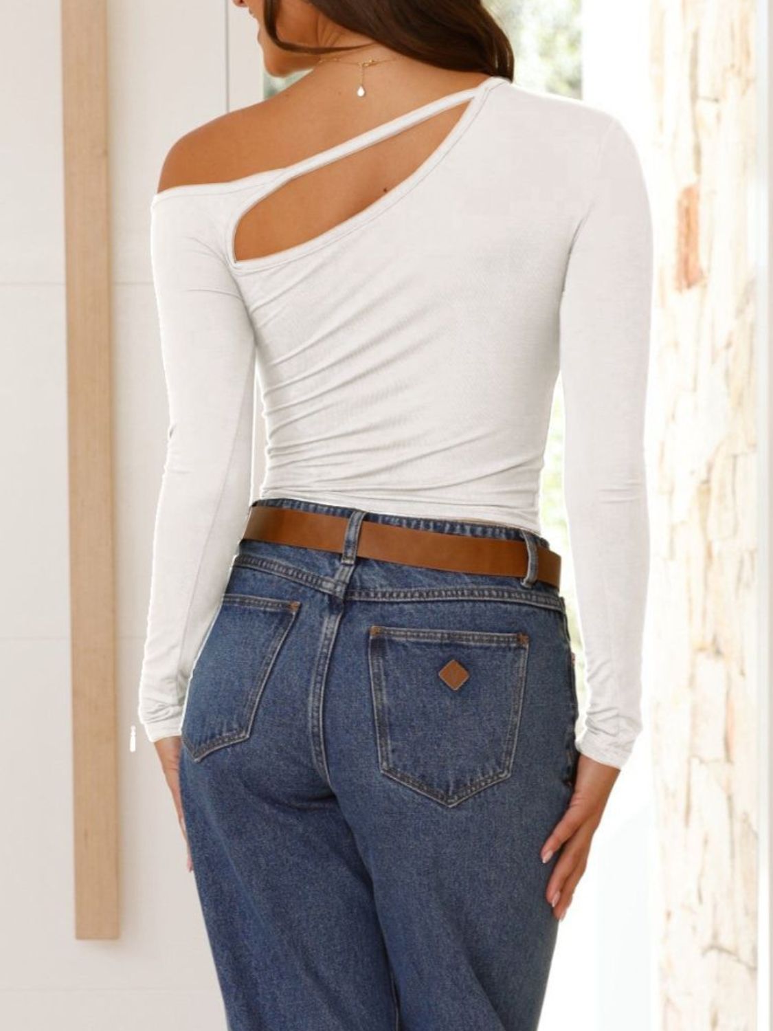 CUTOUT ASYMMETRICAL NECK LONG SLEEVE TOP