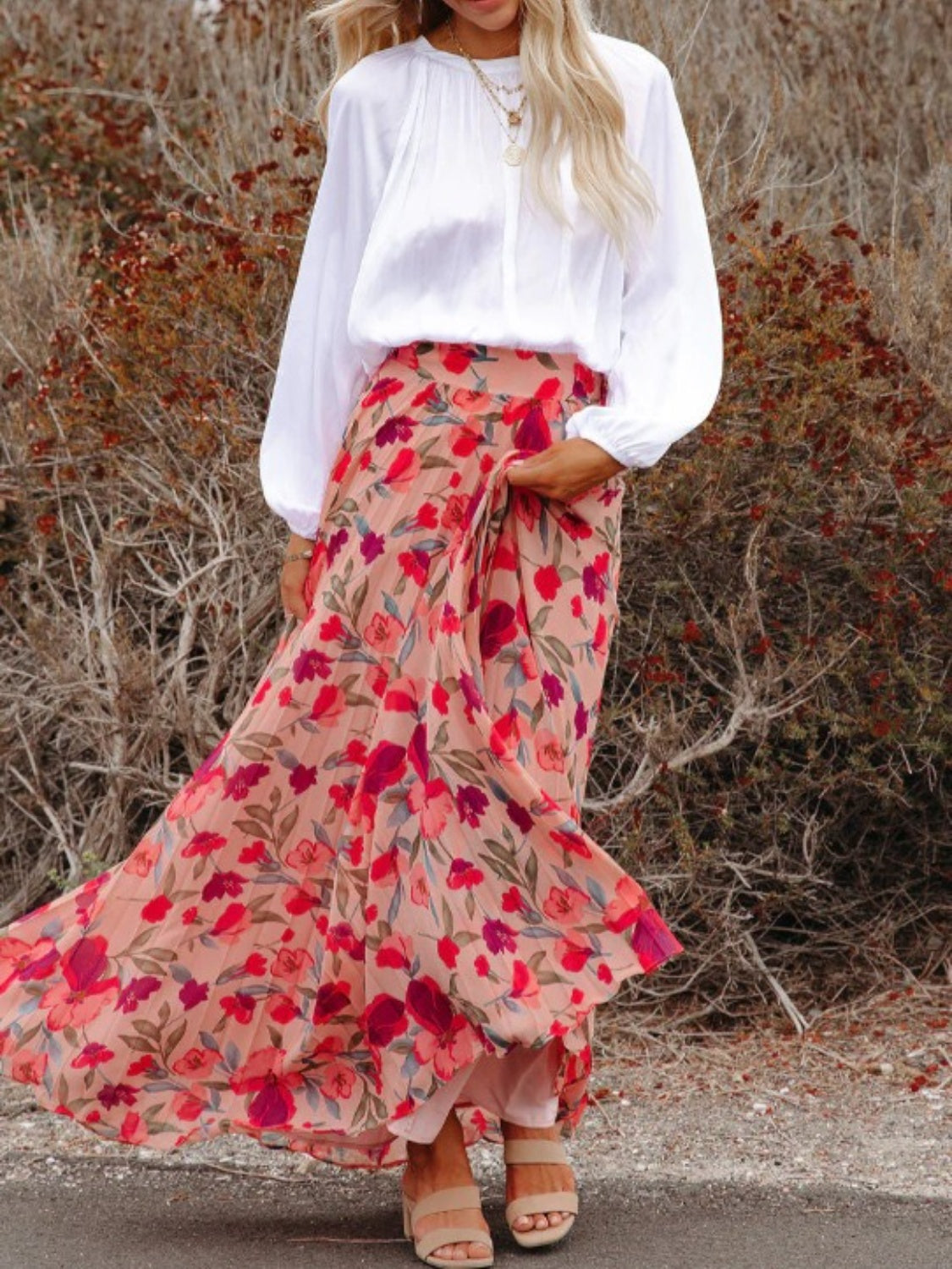 PRINTED ELASTIC WAISTBAND PLEATED MAXI SKIRT
