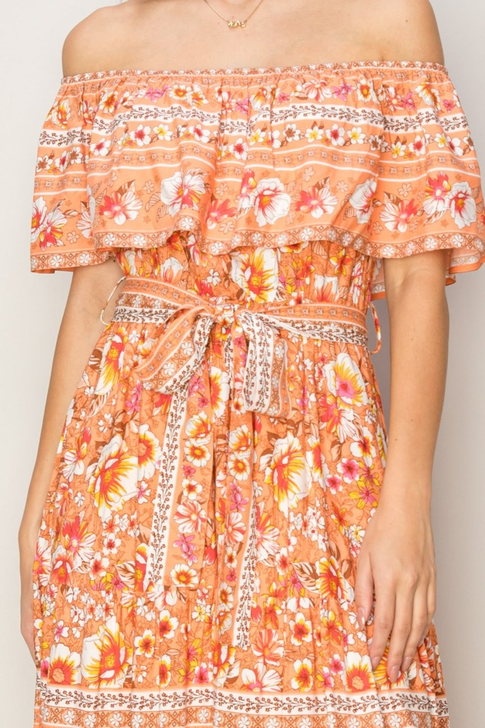 HYFVE FLORAL OFF THE SHOULDER TIE FRONT MAXI DRESS