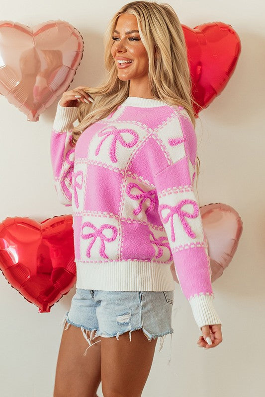 PINK BOW KNOT TWO TONE CHECKERED CREW NECK SWEATERS