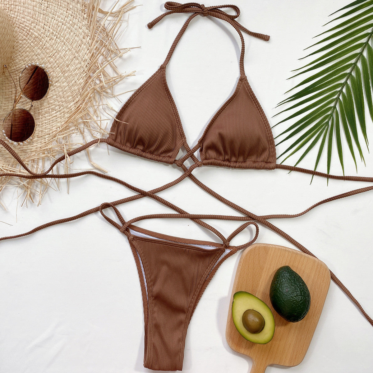 HALTER NECK CRISSCROSS RIBBED BIKINI