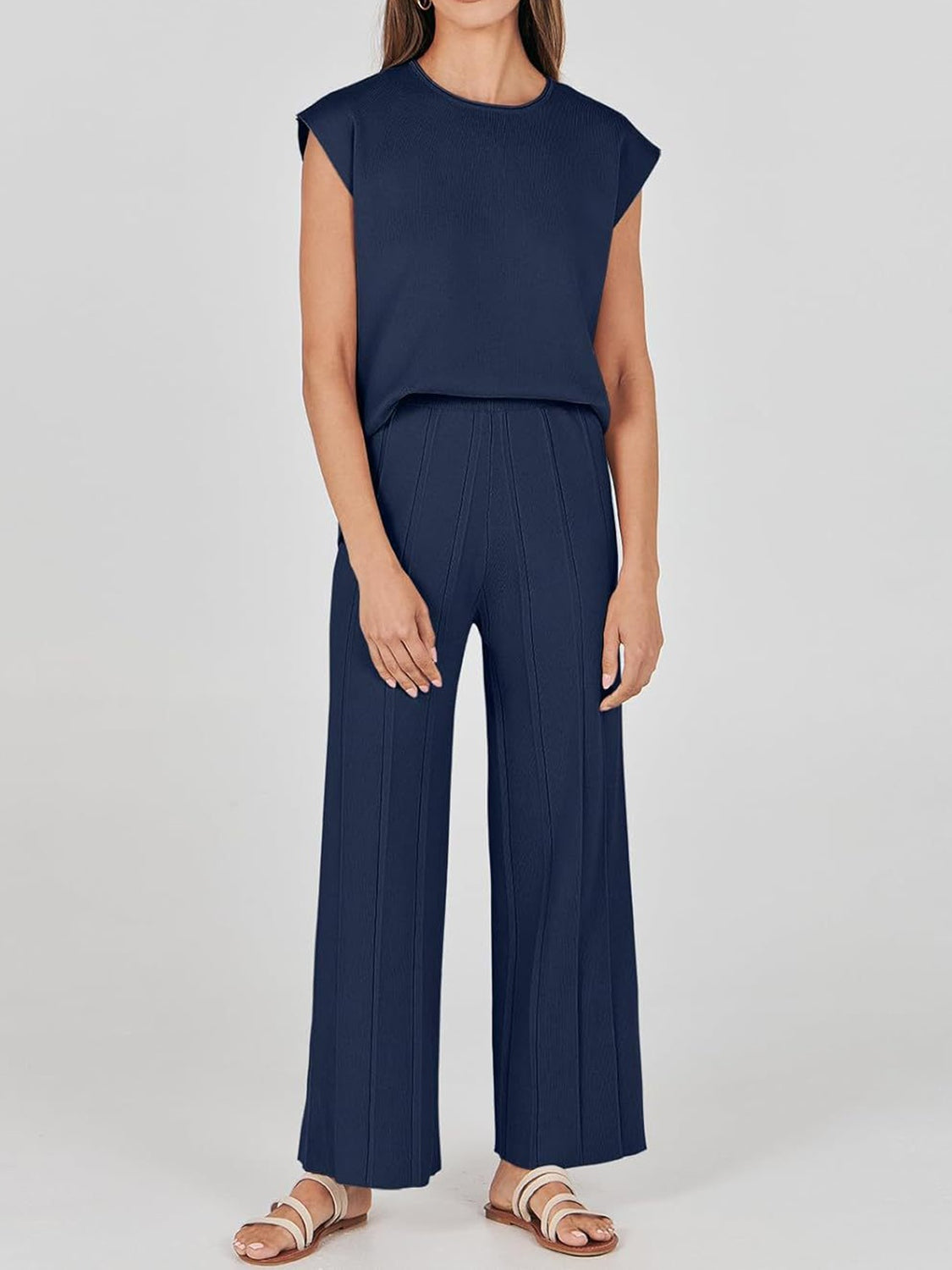 ROUND NECK CAP SLEEVE TOP AND PANTS KNIT SET