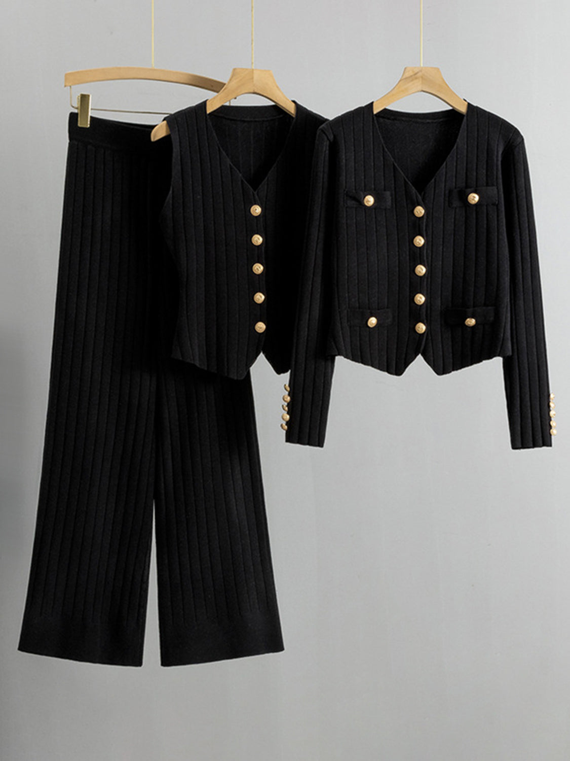 THREE PIECE VEST CARDIGAN AND PANTS SET