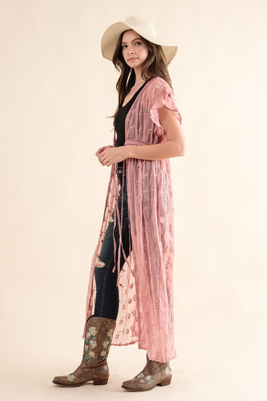 CHIFFON EMBROIDERY LACE KIMONO DUSTER COVER-UP