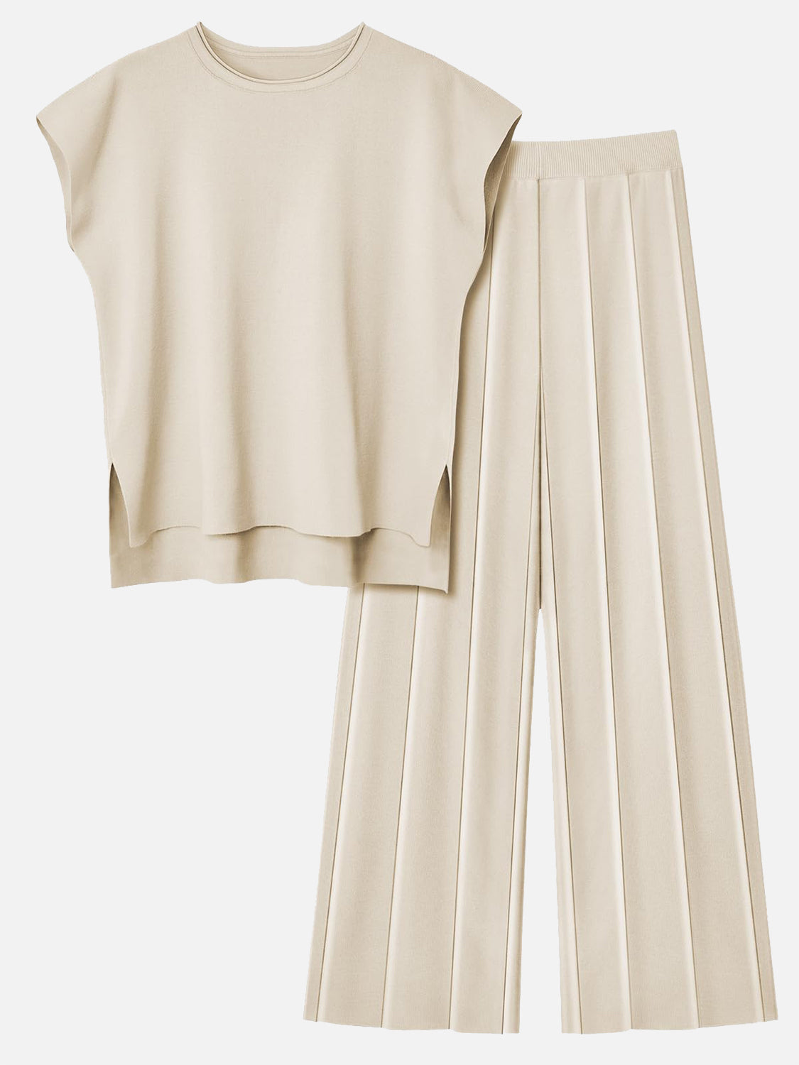ROUND NECK CAP SLEEVE TOP AND PANTS KNIT SET