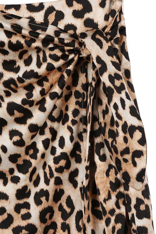 SATIN LEOPARD TIE MIDI SKIRT