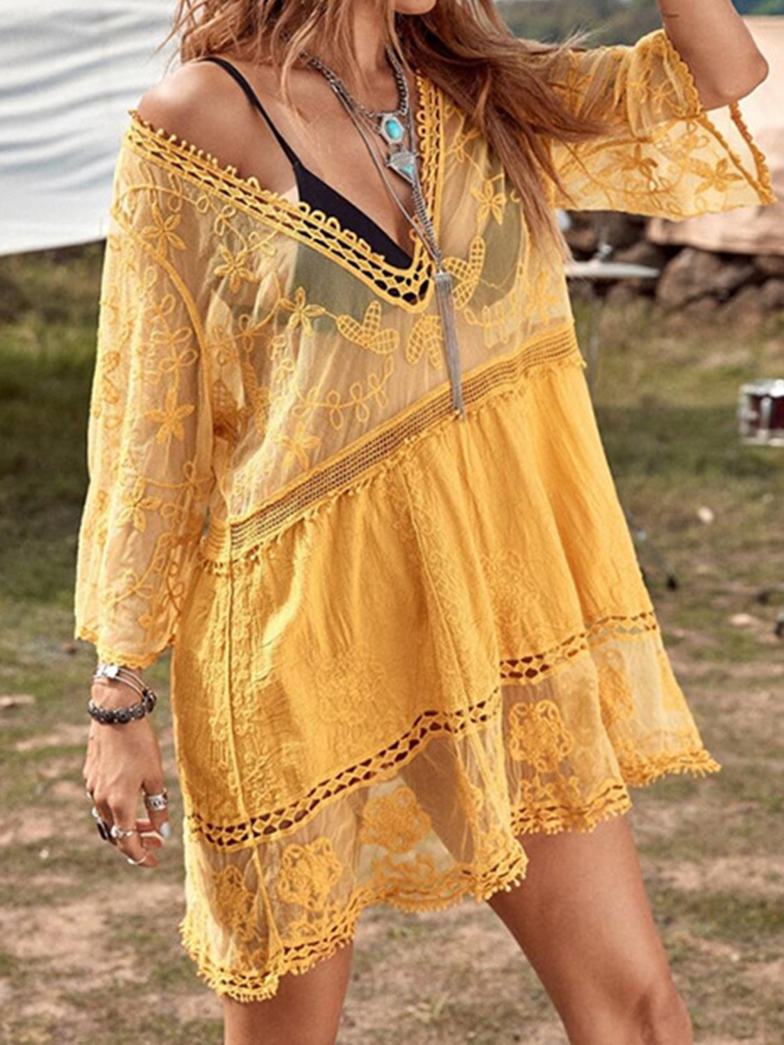 LACE DETAIL PLUNGE COVER-UP