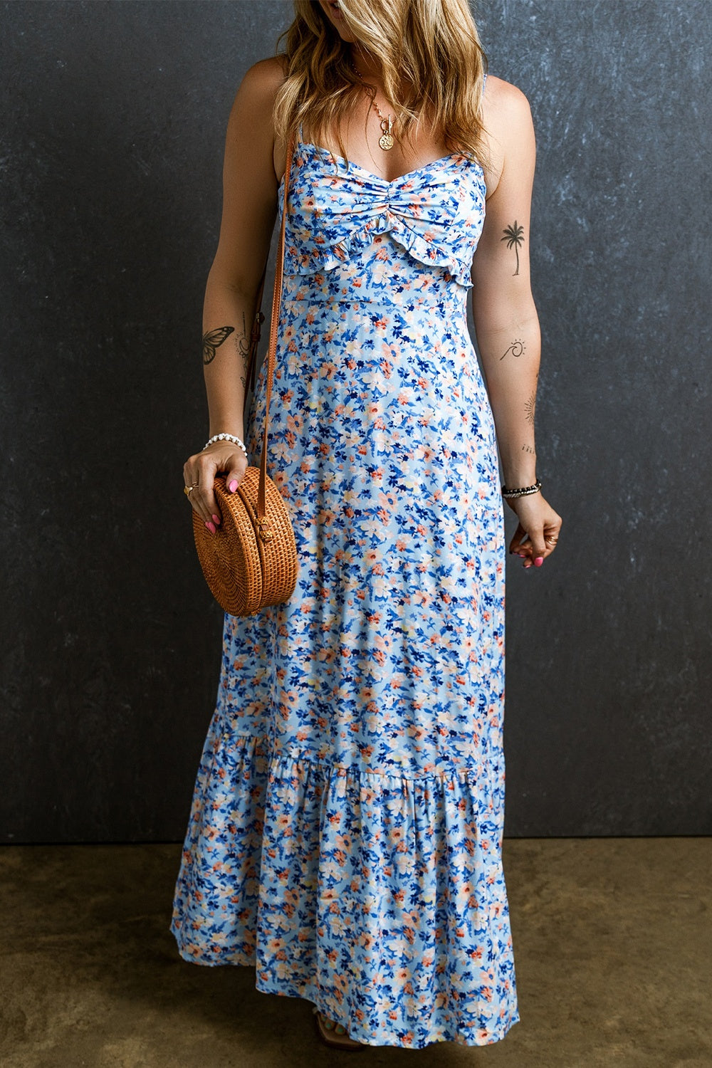 RUCHED RUFFLE HEM PRINTED CAMI DRESS
