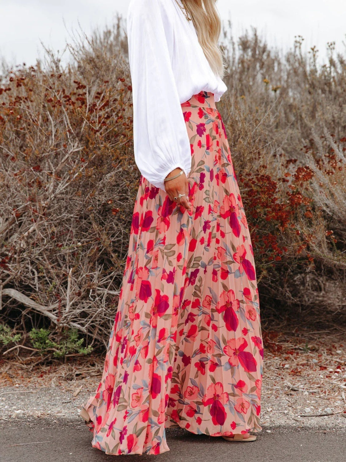 PRINTED ELASTIC WAISTBAND PLEATED MAXI SKIRT