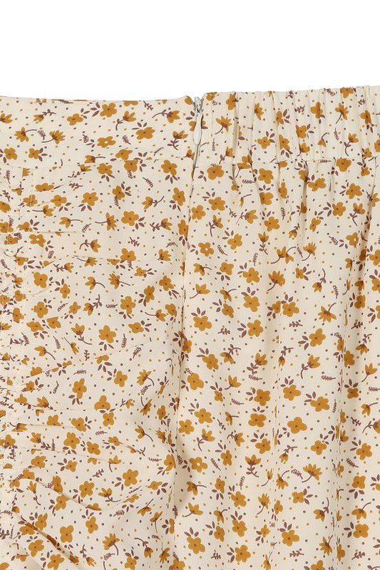 RUCHED MIDI PRINT SKIRT