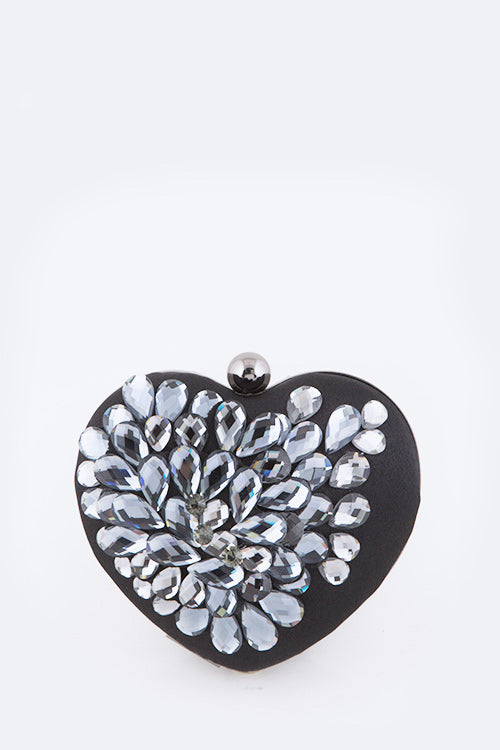 CRYSTAL FLOWER STATEMENT SATIN HEART SHAPE AND CLUTCH