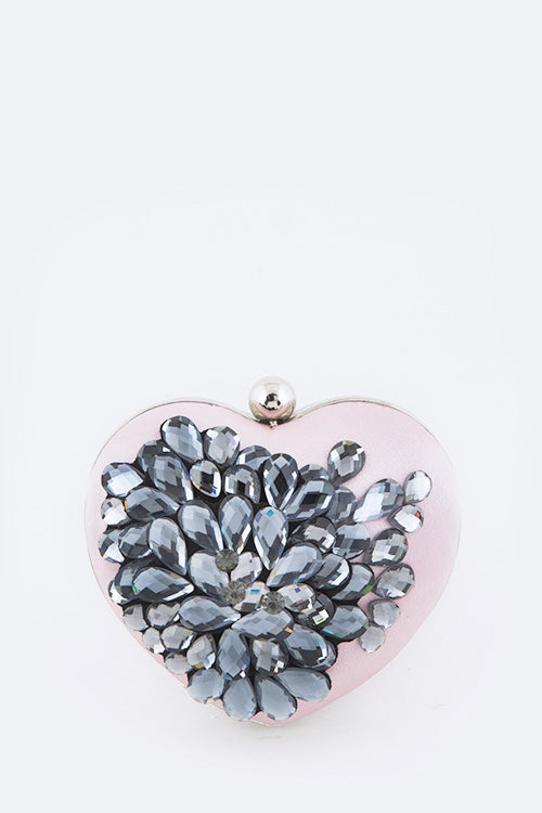 CRYSTAL FLOWER STATEMENT SATIN HEART SHAPE AND CLUTCH