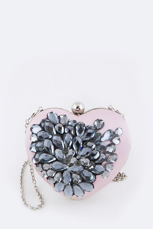 CRYSTAL FLOWER STATEMENT SATIN HEART SHAPE AND CLUTCH