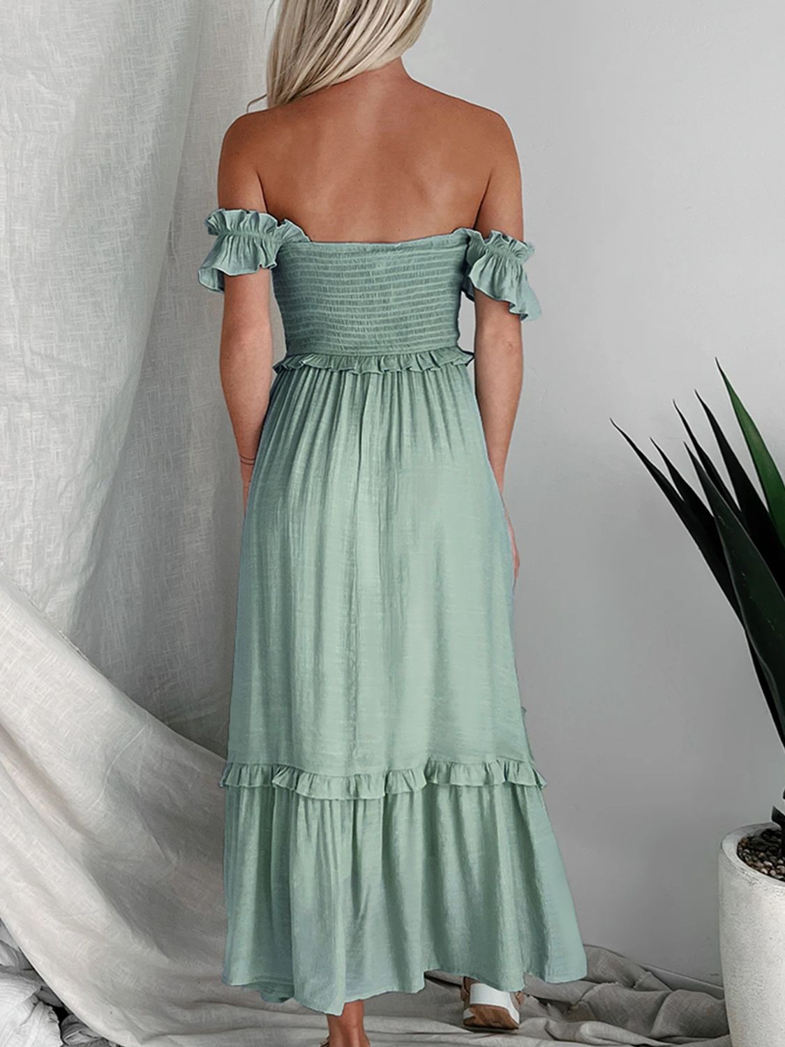 FRILL SMOCKED OFF THE SHOULDER RUFFLE SLEEVE DRESS